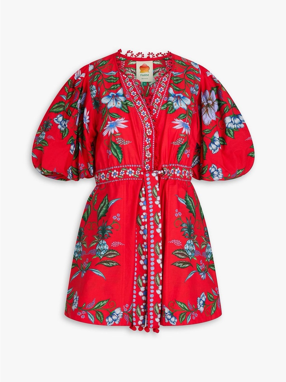 FARM Rio Red Floral Puff-Sleeve Romper with Tassel Tie